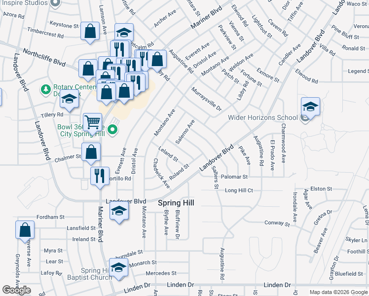map of restaurants, bars, coffee shops, grocery stores, and more near 11256 Salters Street in Spring Hill