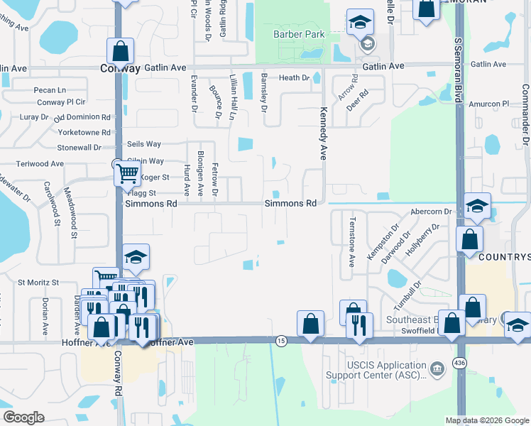 map of restaurants, bars, coffee shops, grocery stores, and more near 4602 Conway Landing Drive in Orlando