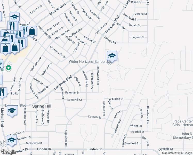 map of restaurants, bars, coffee shops, grocery stores, and more near 3491 Charmwood Avenue in Spring Hill