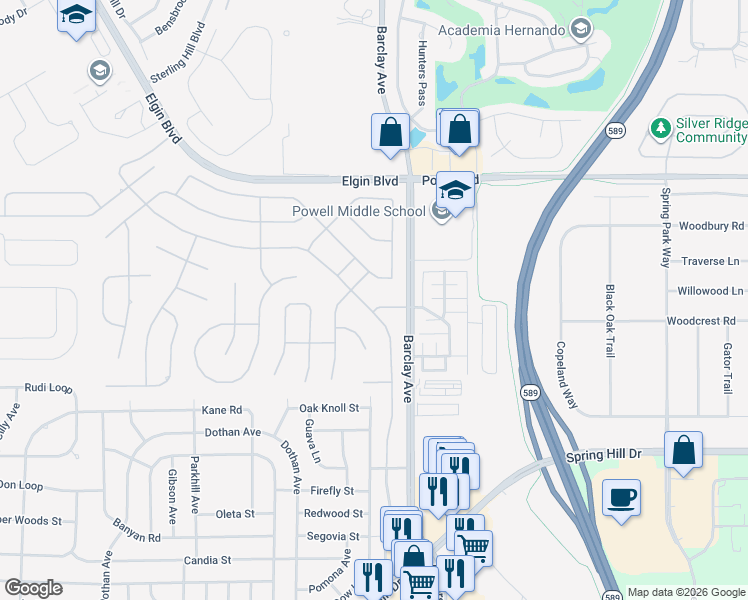 map of restaurants, bars, coffee shops, grocery stores, and more near 14200 Andrew Scott Road in Spring Hill