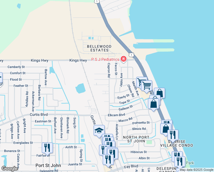 map of restaurants, bars, coffee shops, grocery stores, and more near 899 Kanawha Street in Cocoa