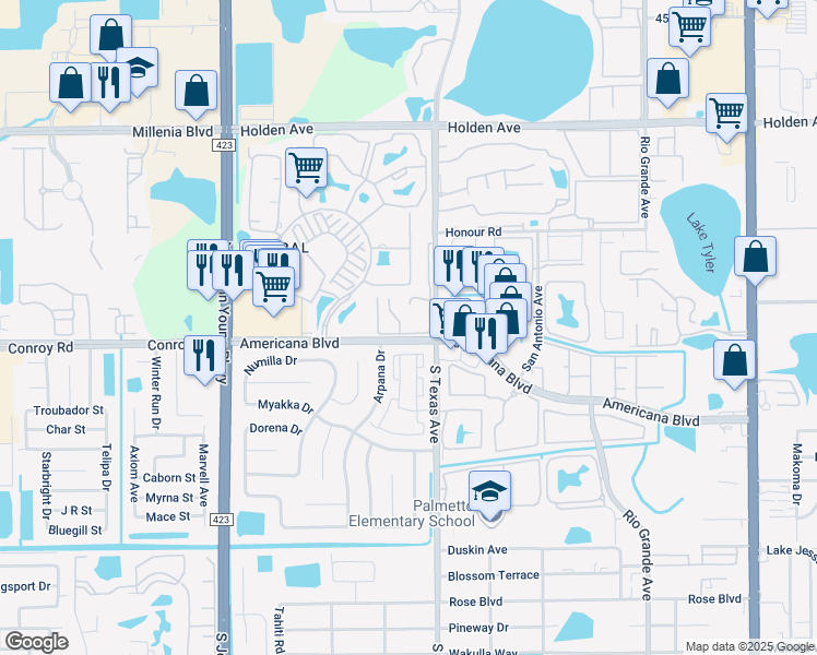 map of restaurants, bars, coffee shops, grocery stores, and more near 5133 Picadilly Circus Court in Orlando
