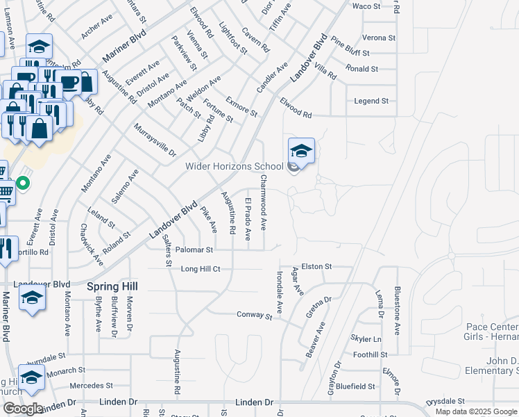 map of restaurants, bars, coffee shops, grocery stores, and more near 3491 Charmwood Avenue in Spring Hill
