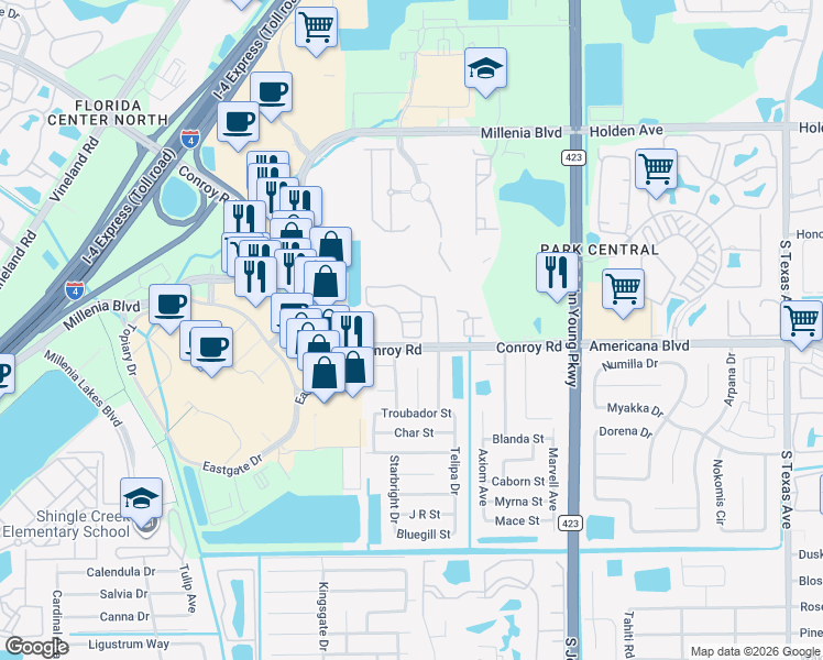 map of restaurants, bars, coffee shops, grocery stores, and more near 3707 Conroy Road in Orlando