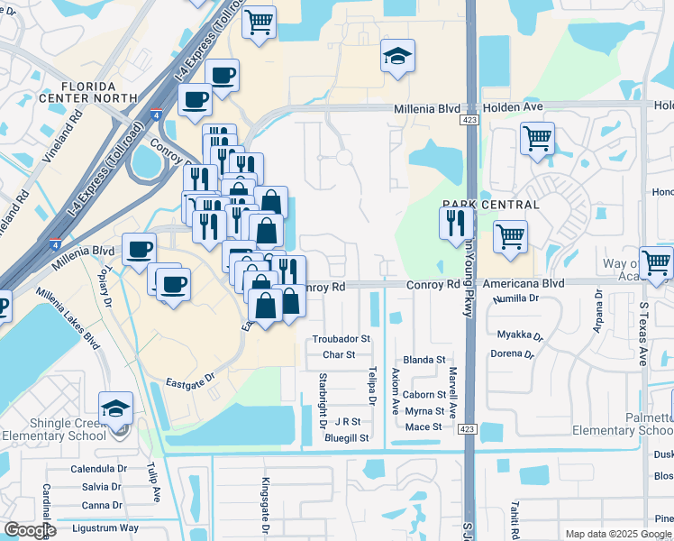 map of restaurants, bars, coffee shops, grocery stores, and more near 3725 Conroy Road in Orlando