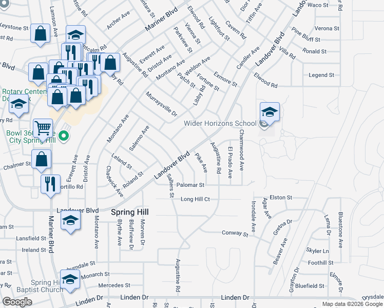 map of restaurants, bars, coffee shops, grocery stores, and more near 4022 Landover Boulevard in Spring Hill