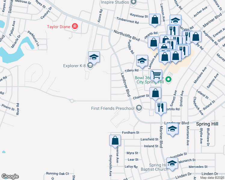 map of restaurants, bars, coffee shops, grocery stores, and more near 4012 Jason Road in Spring Hill