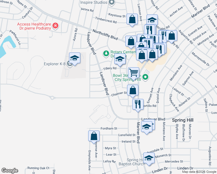 map of restaurants, bars, coffee shops, grocery stores, and more near 2831 Landover Boulevard in Spring Hill