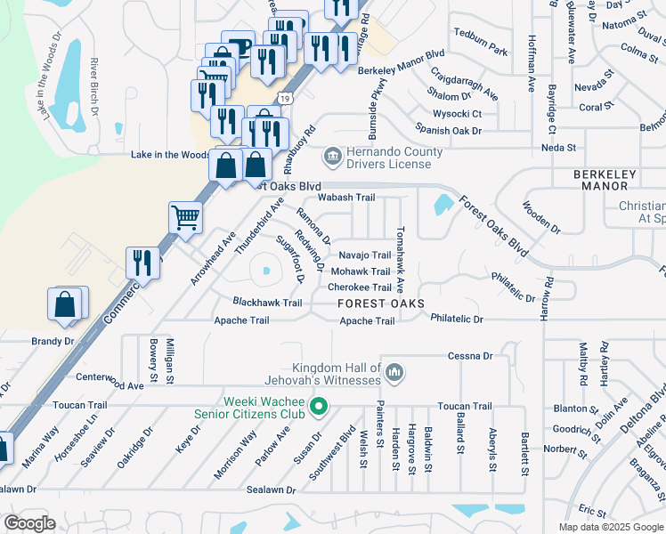 map of restaurants, bars, coffee shops, grocery stores, and more near 4062 Redwing Drive in Spring Hill