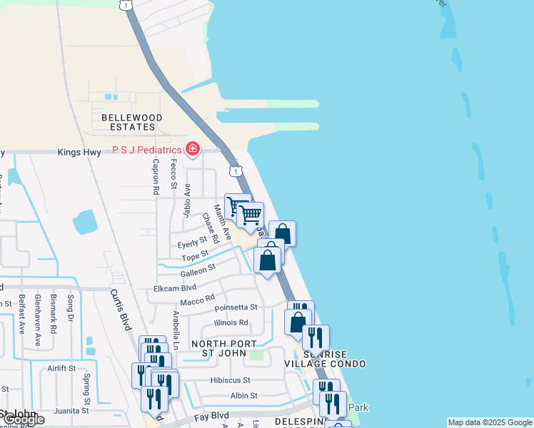 map of restaurants, bars, coffee shops, grocery stores, and more near 7430 U.S. 1 in Cocoa