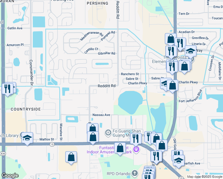 map of restaurants, bars, coffee shops, grocery stores, and more near 6985 Redditt Road in Orlando