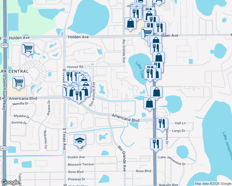 map of restaurants, bars, coffee shops, grocery stores, and more near 5234 Aventura Boulevard in Orlando