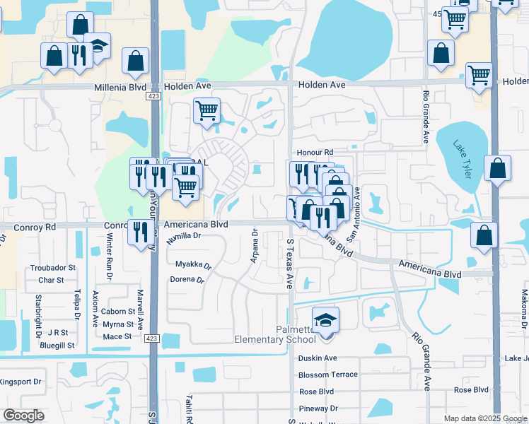 map of restaurants, bars, coffee shops, grocery stores, and more near 5133 Picadilly Circus Court in Orlando