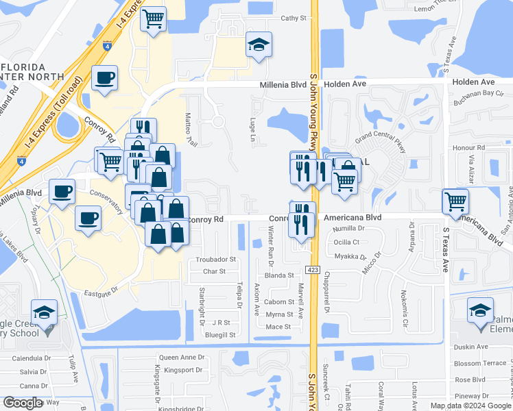 map of restaurants, bars, coffee shops, grocery stores, and more near 3577 Conroy Road in Orlando