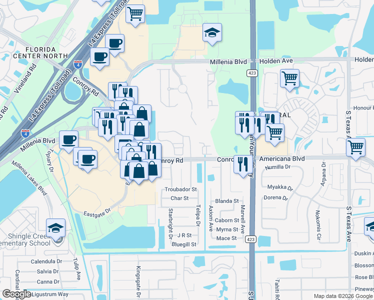 map of restaurants, bars, coffee shops, grocery stores, and more near 3713 Conroy Road in Orlando