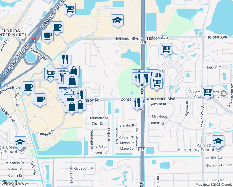 map of restaurants, bars, coffee shops, grocery stores, and more near 3577 Conroy Road in Orlando