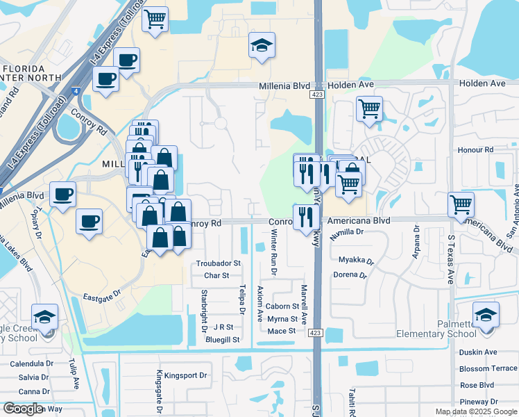 map of restaurants, bars, coffee shops, grocery stores, and more near 3561 Conroy Road in Orlando