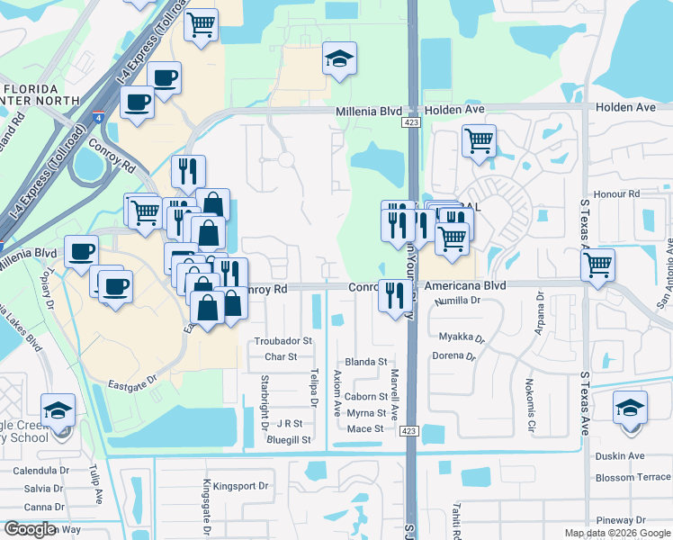 map of restaurants, bars, coffee shops, grocery stores, and more near 3577 Conroy Road in Orlando