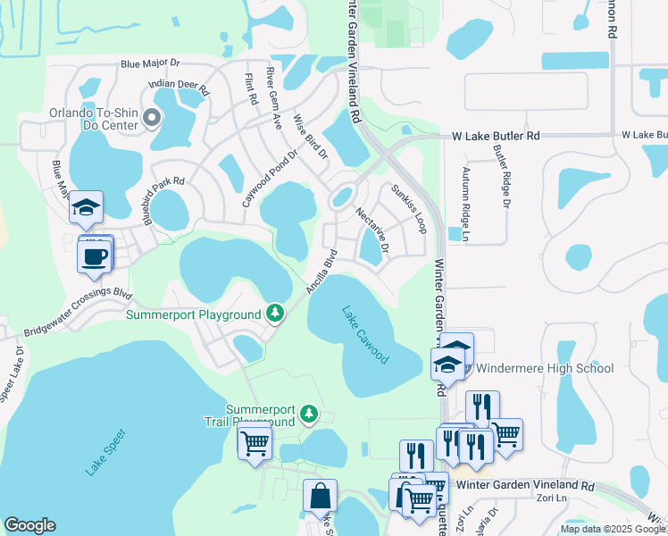 map of restaurants, bars, coffee shops, grocery stores, and more near 5306 Nagami Drive in Windermere