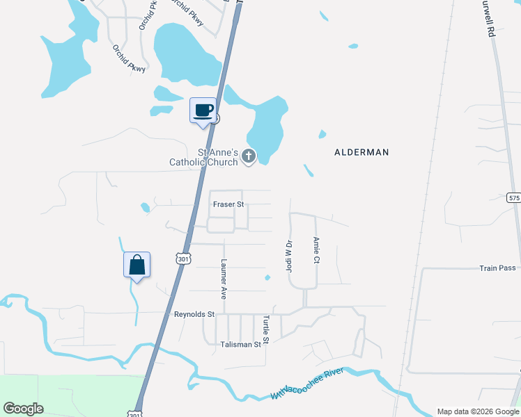 map of restaurants, bars, coffee shops, grocery stores, and more near 34992 Fraser Street in Dade City