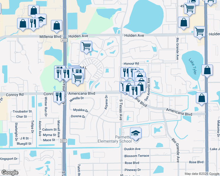 map of restaurants, bars, coffee shops, grocery stores, and more near 5133 Picadilly Circus Court in Orlando