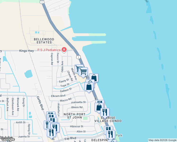 map of restaurants, bars, coffee shops, grocery stores, and more near 7430 U.S. 1 in Cocoa