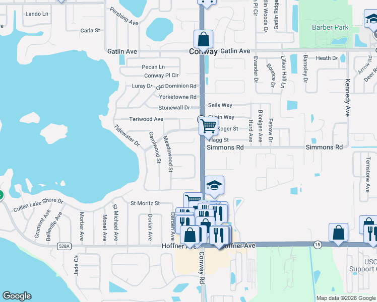 map of restaurants, bars, coffee shops, grocery stores, and more near 4130 Floralwood Court in Orlando