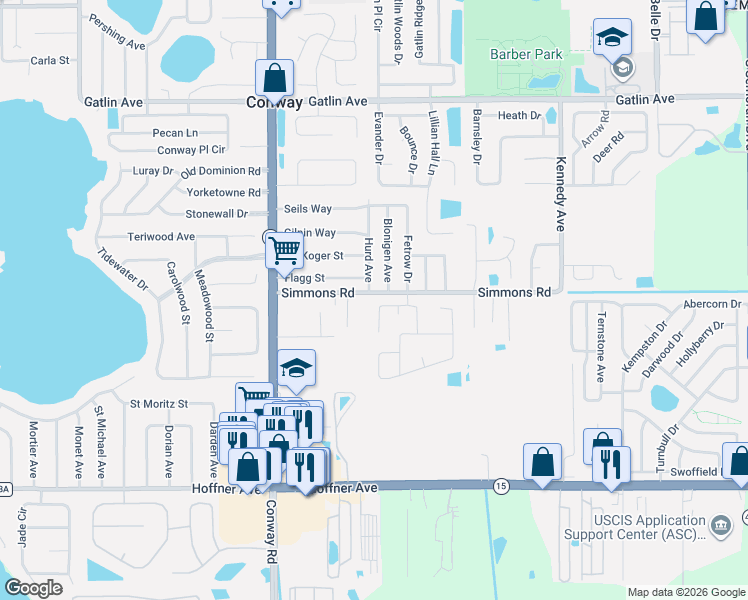 map of restaurants, bars, coffee shops, grocery stores, and more near 4548 Flagg Street in Orlando