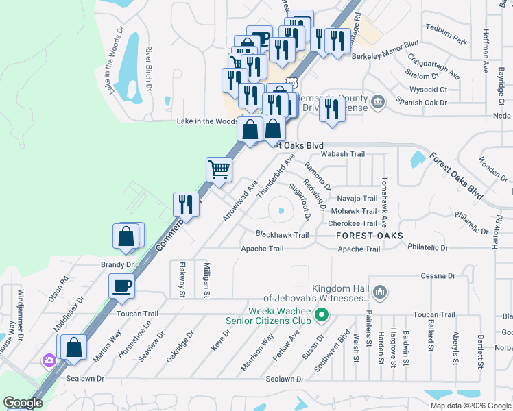 map of restaurants, bars, coffee shops, grocery stores, and more near 4027 Thunderbird Avenue in Spring Hill
