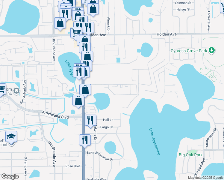 map of restaurants, bars, coffee shops, grocery stores, and more near 1182 Redman Street in Orlando