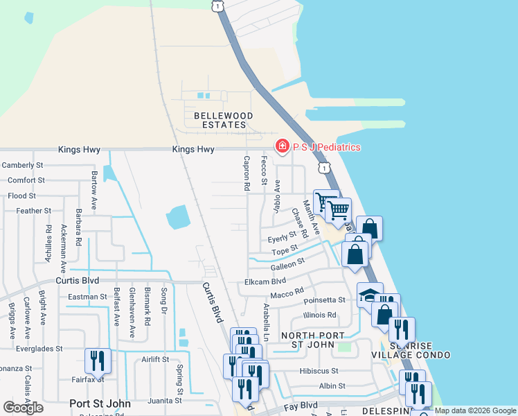 map of restaurants, bars, coffee shops, grocery stores, and more near 224 Fecco Street in Cocoa