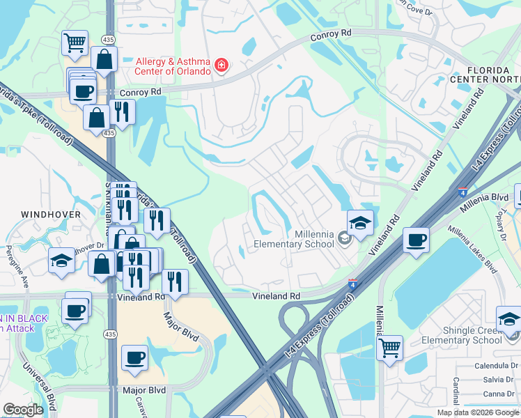 map of restaurants, bars, coffee shops, grocery stores, and more near 5111 Cypress Creek Drive in Orlando
