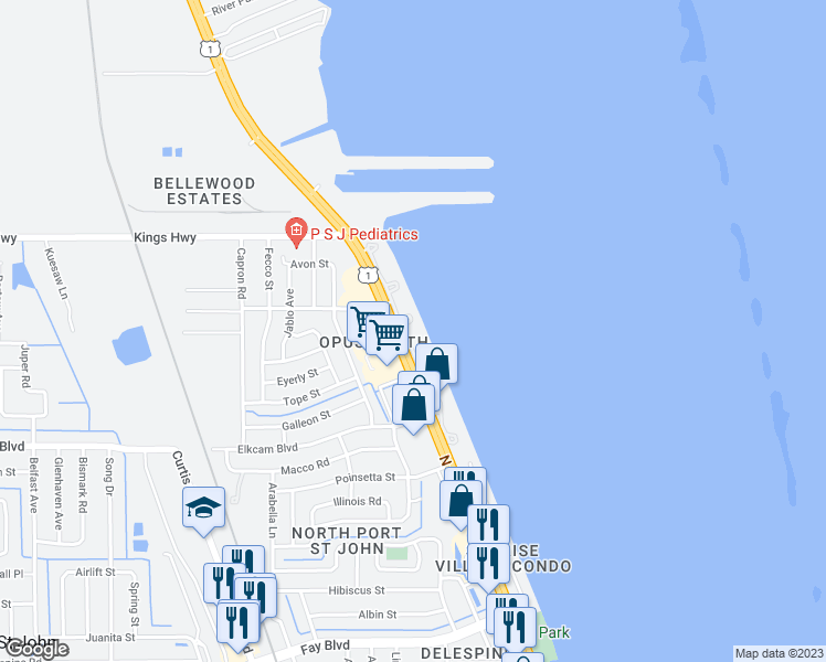 map of restaurants, bars, coffee shops, grocery stores, and more near 7430 U.S. 1 in Cocoa