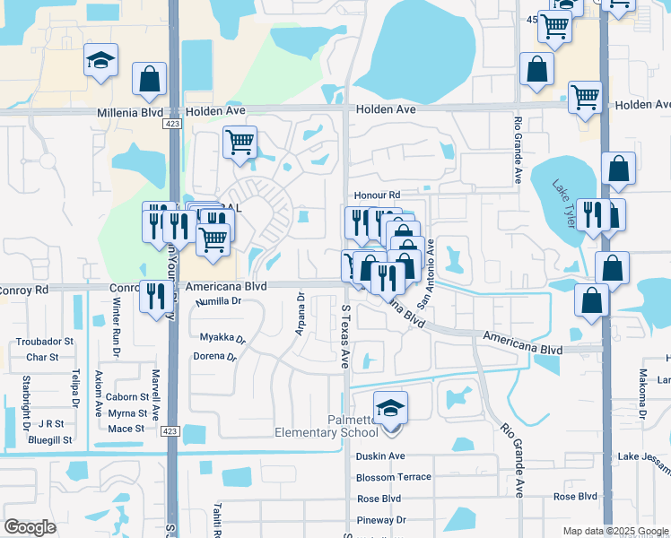 map of restaurants, bars, coffee shops, grocery stores, and more near 5180 Downing Street in Orlando