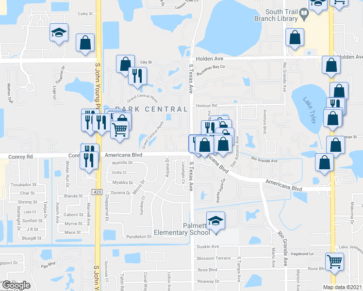 map of restaurants, bars, coffee shops, grocery stores, and more near 5180 Downing Street in Orlando