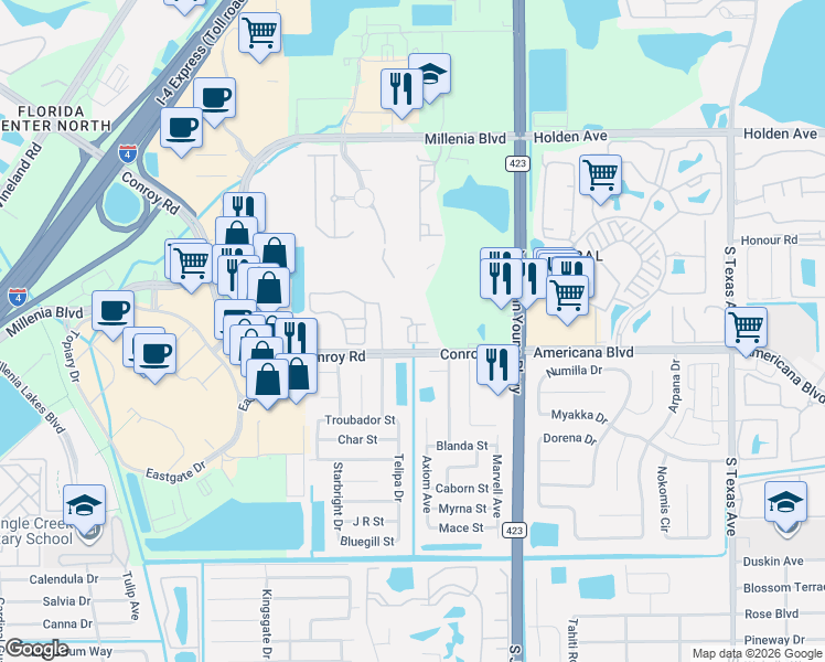 map of restaurants, bars, coffee shops, grocery stores, and more near 3577 Conroy Road in Orlando