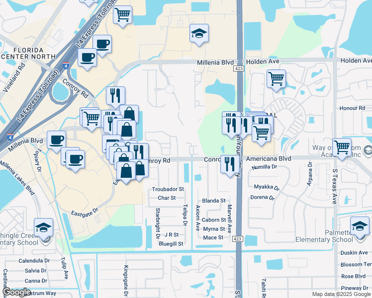 map of restaurants, bars, coffee shops, grocery stores, and more near 3577 Conroy Road in Orlando