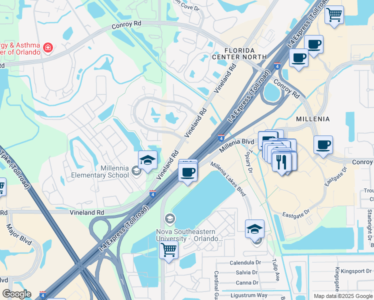 map of restaurants, bars, coffee shops, grocery stores, and more near 4901 Vineland Road in Orlando