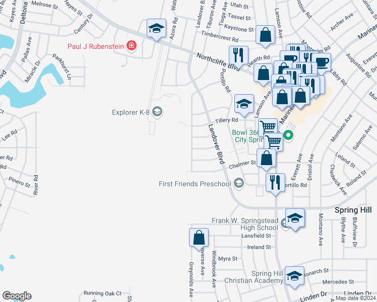 map of restaurants, bars, coffee shops, grocery stores, and more near 4027 Jason Road in Spring Hill