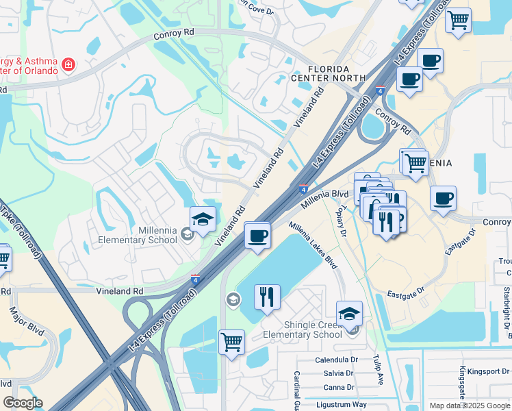 map of restaurants, bars, coffee shops, grocery stores, and more near 4901 Vineland Road in Orlando