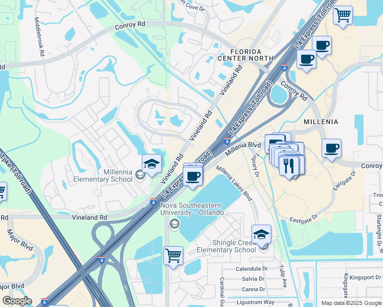 map of restaurants, bars, coffee shops, grocery stores, and more near 4901 Vineland Road in Orlando