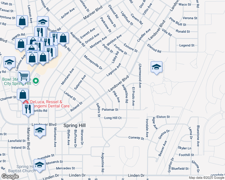 map of restaurants, bars, coffee shops, grocery stores, and more near 11405 Pike Avenue in Spring Hill