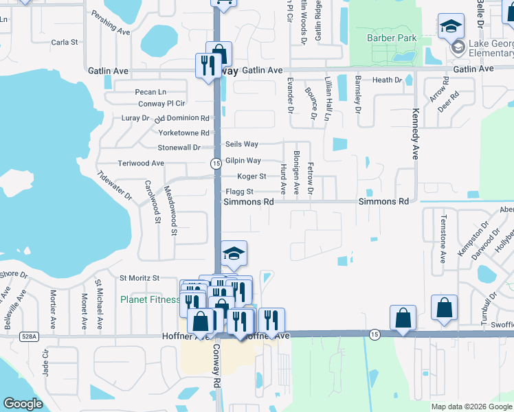 map of restaurants, bars, coffee shops, grocery stores, and more near 4506 Flagg Street in Orlando