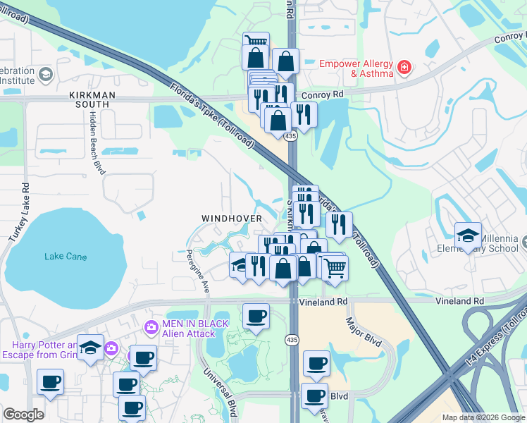 map of restaurants, bars, coffee shops, grocery stores, and more near 5181 Westwinds Drive in Orlando