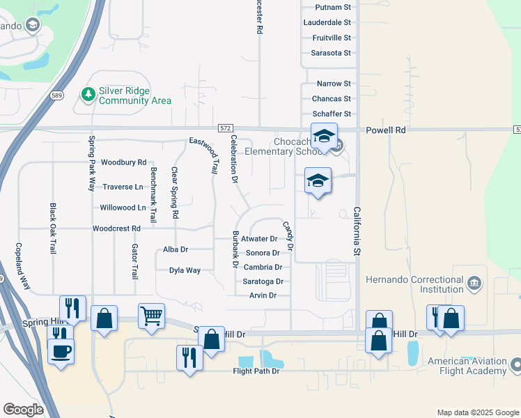 map of restaurants, bars, coffee shops, grocery stores, and more near 15596 Burbank Drive in Brooksville
