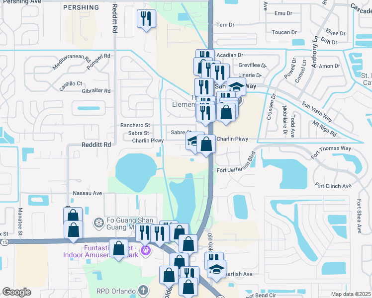 map of restaurants, bars, coffee shops, grocery stores, and more near 4107 Hampshire Village Court in Orlando