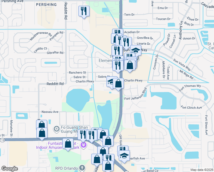 map of restaurants, bars, coffee shops, grocery stores, and more near 4107 Hampshire Village Court in Orlando
