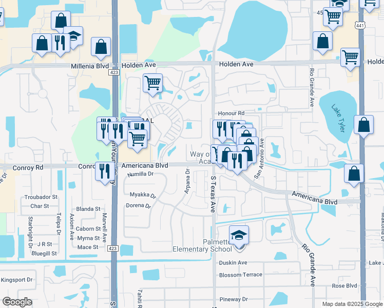 map of restaurants, bars, coffee shops, grocery stores, and more near 5133 Picadilly Circus Court in Orlando