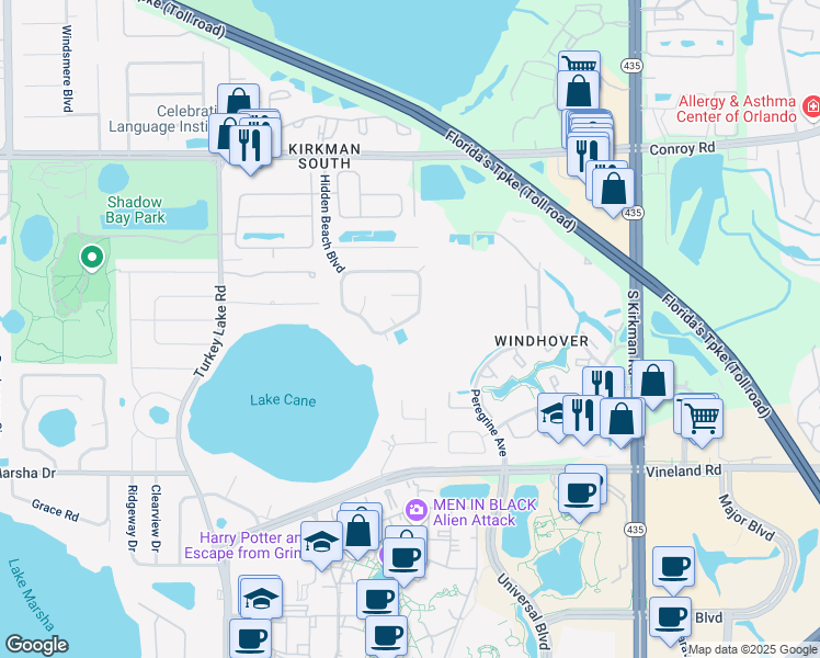 map of restaurants, bars, coffee shops, grocery stores, and more near 6586 Hidden Beach Circle in Orlando