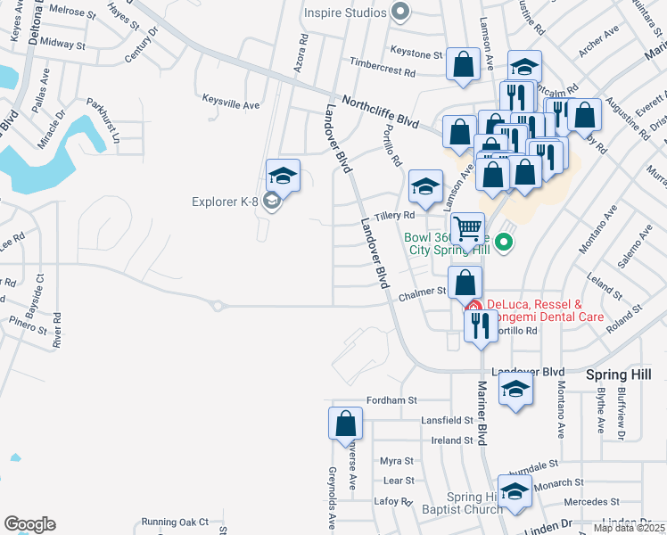map of restaurants, bars, coffee shops, grocery stores, and more near 4027 Jason Road in Spring Hill